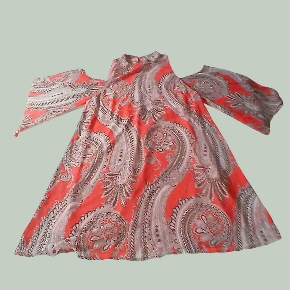 Everly Orange Paisley Cold Shoulder‎ Bell Sleeve Mini Dress Size Medium DR7417